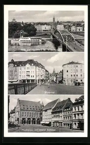 AK Minden i. W., Weserbrücke, Wesertor, Marktplatz mit neuem Rathaus