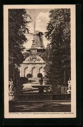 AK Potsdam, Sanssouci mit Glockenfontäne, Neue Kammern und Hist. Mühle