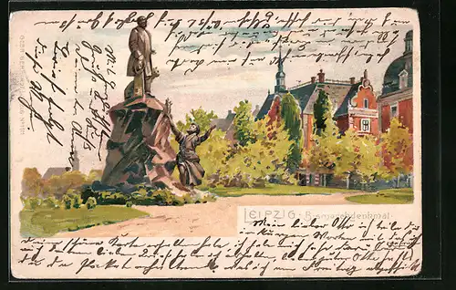 Lithographie Leipzig, Parkanlagen mit Bismarckdenkmal