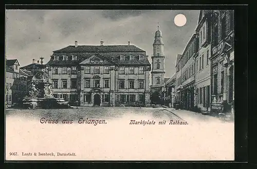 Mondschein-AK Erlangen, Marktplatz mit Rathaus