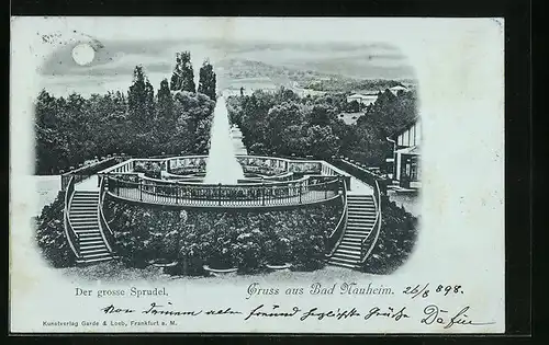 Mondschein-AK Bad Nauheim, Ortspartie am grossen Sprudel