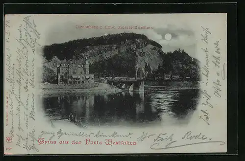 Mondschein-AK Porta Westfalica, Jacobsberg und Hotel Grosser Kurfürst