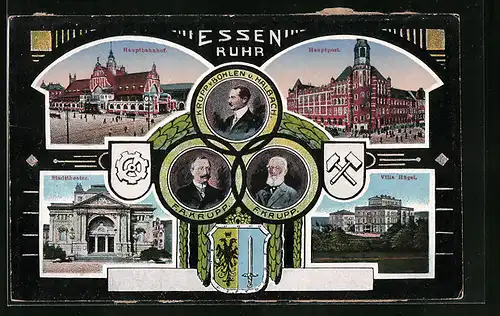 AK Essen /Ruhr, Hauptbahnhof, Hauptpost, Stadttheater, Villa Hügel und Porträts der Krupps
