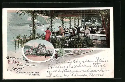 AK Assmannshausen a. Rh., Dichter- u. Künstlerheim zur Krone mit Kronenlaube und Dampfschiff
