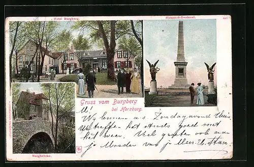 AK Harzburg, Hotel Burgberg, Bismarck-Denkmal, Burgbrücke