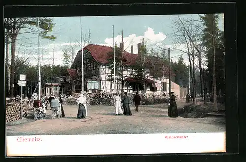 AK Chemnitz, Waldschänke mit Damen mit Kinderwagen
