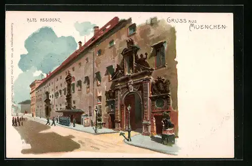 AK München, Alte Residenz mit Strassenpartie