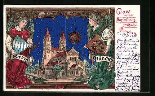 AK München, Maximilians-Kirche mit Engeln mit Wappen
