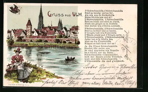Lithographie Ulm, Ortsansicht mit Ruderbooten und Dame im Kleid