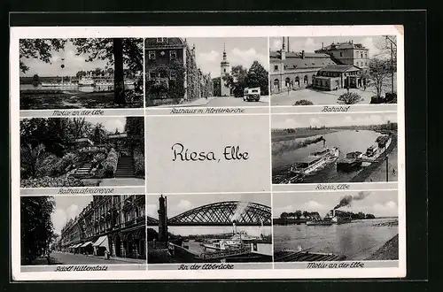 AK Riesa /Elbe, Rathaus mit Klosterkirche, Bahnhof, An der Elbbrücke