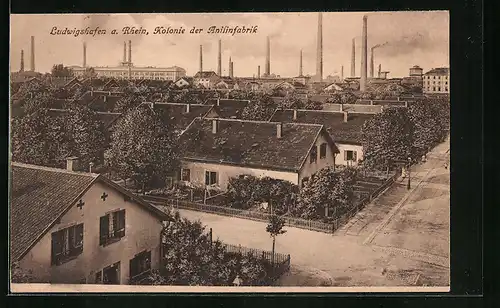 AK Ludwigshafen a. Rhein, Kolonie der Anilinfabrik mit Fabrikschornsteinen