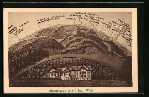 AK Stutenhaus /Thür. Wald, Ortspartie mit Frauenwald, Wurzelberg und Dürrewiese