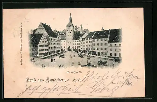 AK Landsberg a. Lech, Hauptplatz mit Cafe Schmid und Brunnen