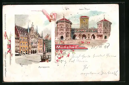 Künstler-AK München, Rathaus mit Mariensäule, Isar-Tor