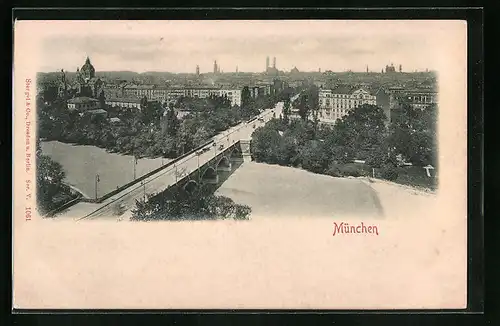 Relief-AK München, Teilansicht mit Brücke