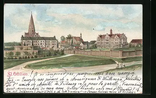 Künstler-AK St. Ottilien, Ortspartie mit Kirche