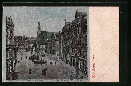 Seiden-Imitations-AK Zwickau, Markt mit Strassenbahn