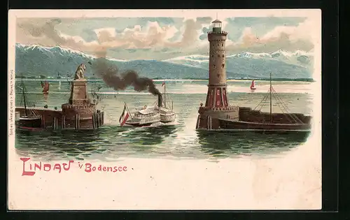 Künstler-AK Lindau i. Bodensee, Hafeneinfahrt mit Leuchtturm und Dampfer