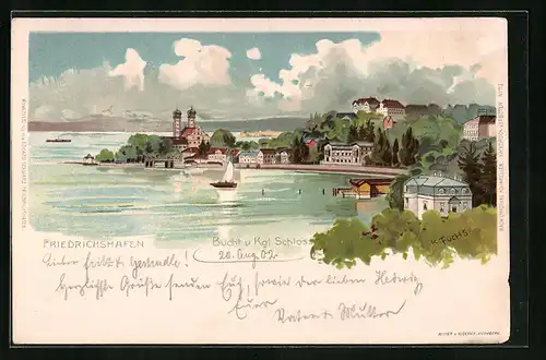 Künstler-AK Friedrichshafen, Bucht und Königliches Schloss