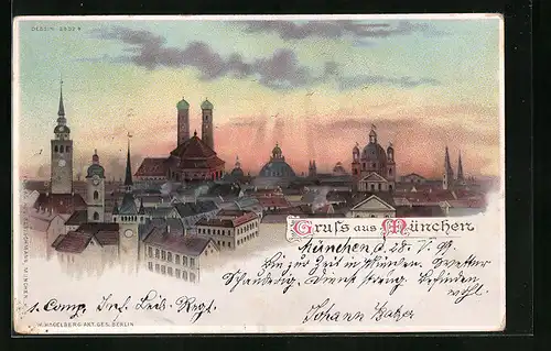 Lithographie München, Teilansicht mit Kirche