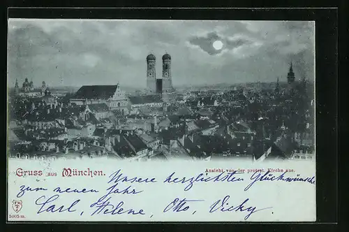 Mondschein-AK München, Ansicht von der protestantischen Kirche aus