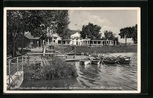 AK Bad Dürrheim /Schwarzwald, Strandcafe a. Salinensee mit Booten