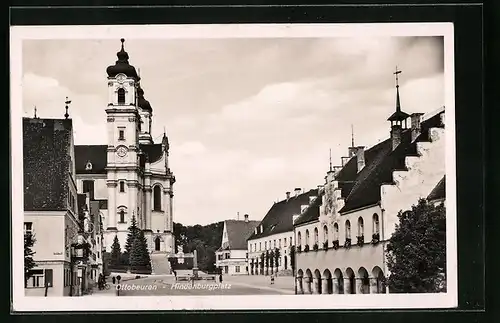 AK Ottobeuren, Hindenburgplatz mit Cafe und Denkmal