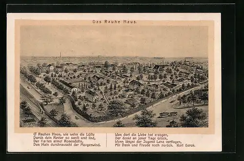 Künstler-AK Hamburg, Gelände des Rauhen Hauses mit Strassenbahn, Gedicht