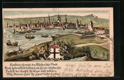 Lithographie Konstanz, Teilansicht mit Kirche