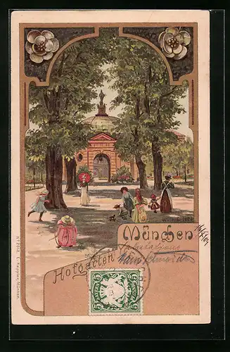 Lithographie München, Hofgarten mit Passantinnen und Kindern