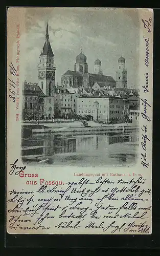 AK Passau, Landungsquai mit Rathaus und Dom