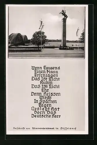 AK Düsseldorf, Ulanendenkmal, Inschrift am Denkmal