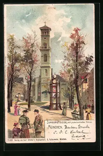 Lithographie München, Sonnenstrasse mit protestantischer Kirche