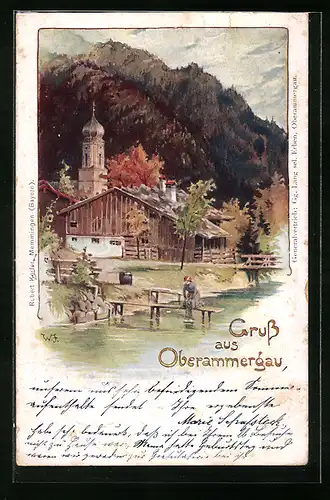 Künstler-AK Oberammergau, Kirche am Wasser