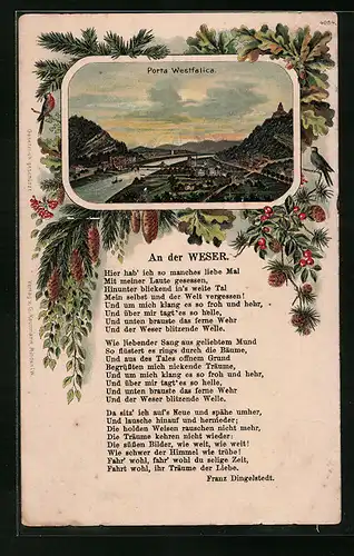 Lithographie Porta Westfalica, Ortsansicht aus der Vogelschau, Gedicht An der Weser