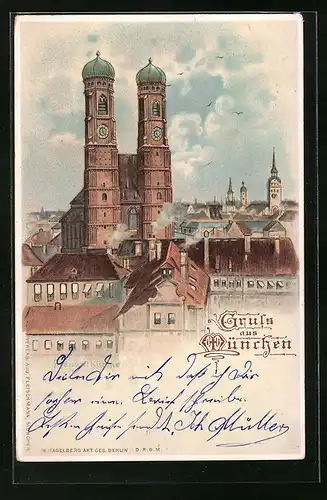 Lithographie München, Blick über die Dächer der Stadt auf die Frauenkirche