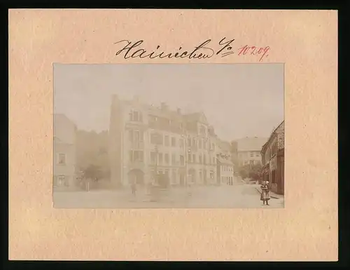 Fotografie Brück & Sohn Meissen, Ansicht Hainichen, Neumarkt mit Ladengeschäften & Bäckerei Reinhold Starke
