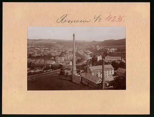 Fotografie Brück & Sohn Meissen, Ansicht Rosswein, Fabrik & Bahnhof, Eisenbahnanlagen von Hartenberg gesehen