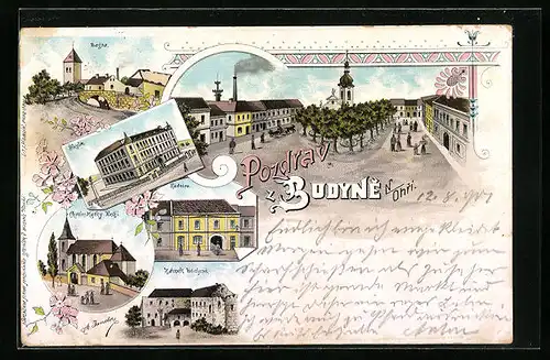 Lithographie Budyne, Ortsansicht mit Kirche