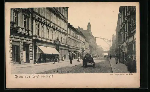 AK Prag / Praha, Karolinenthal, Königsstrasse mit Geschäften