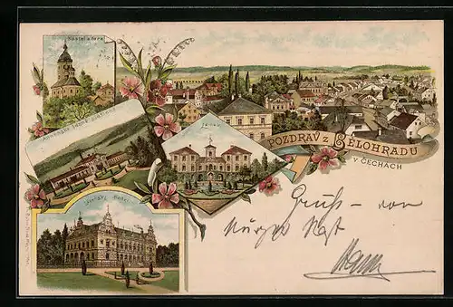 Lithographie Belohrad, Zamek, Lazensky Hotel, Kostel a fara