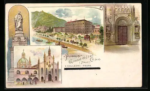 Lithographie Como, Plilnius Grand Hotel, Kirche