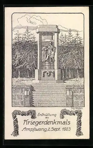 Künstler-AK Ampflwang, Enthüllung des Kriegerdenkmals am 2.9.1923