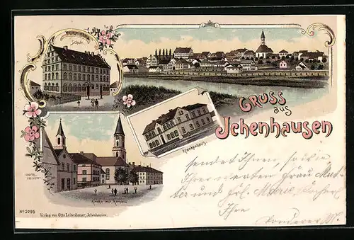 Lithographie Ichenhausen, Krankenhaus, Schule, Kirche mit Rathaus