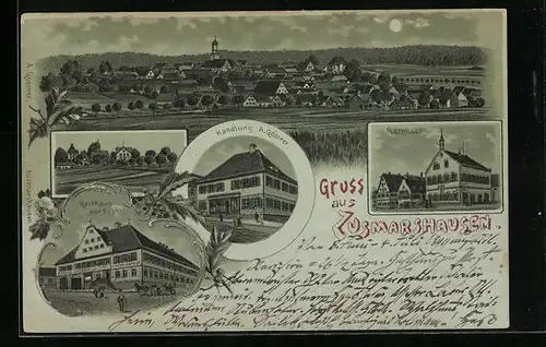 Mondschein-Lithographie Zusmarshausen, Gasthaus zur Post, Rathaus, Handlung A. Gossner
