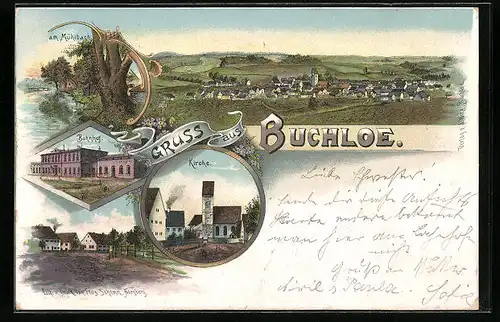 Lithographie Buchloe, Kirche, Am Mühlbach, Totalansicht, Bahnhof