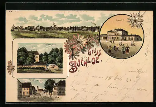 Lithographie Buchloe, Bahnhof, Gasthof Kellergarten, Marktstrasse, Panorama der Stadt