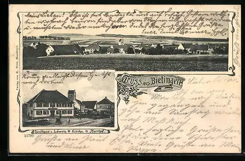 AK Bietingen, Gasthaus zum Löwen, Kirche und Pfarrhof, Panorama des Ortes