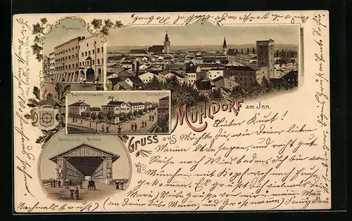 Lithographie Mühldorf am Inn, Rathaus, Maximilianbrücke, Bahnhofstrasse mit Bahnhof, Teilansicht