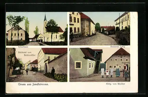 AK Jandlsbrunn, Bäckerei Brühmüller, Brauerei Lang, Schulhaus und Handlung Kloiber mit leuchtenden Fenstern